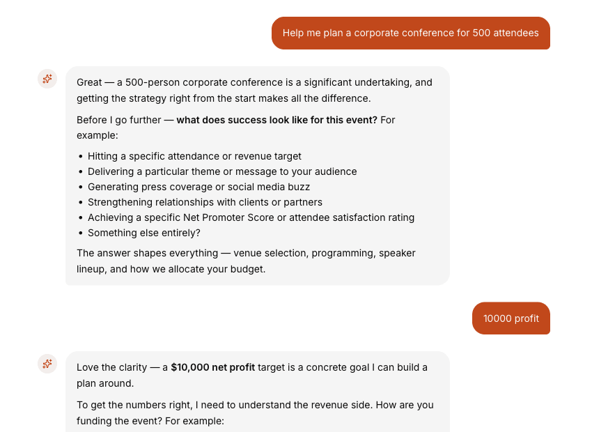 The ConnecXit AI assistant answering a request to plan a corporate conference for 500 attendees — it asks what success looks like for the event, then builds the plan around a $10,000 net profit target.